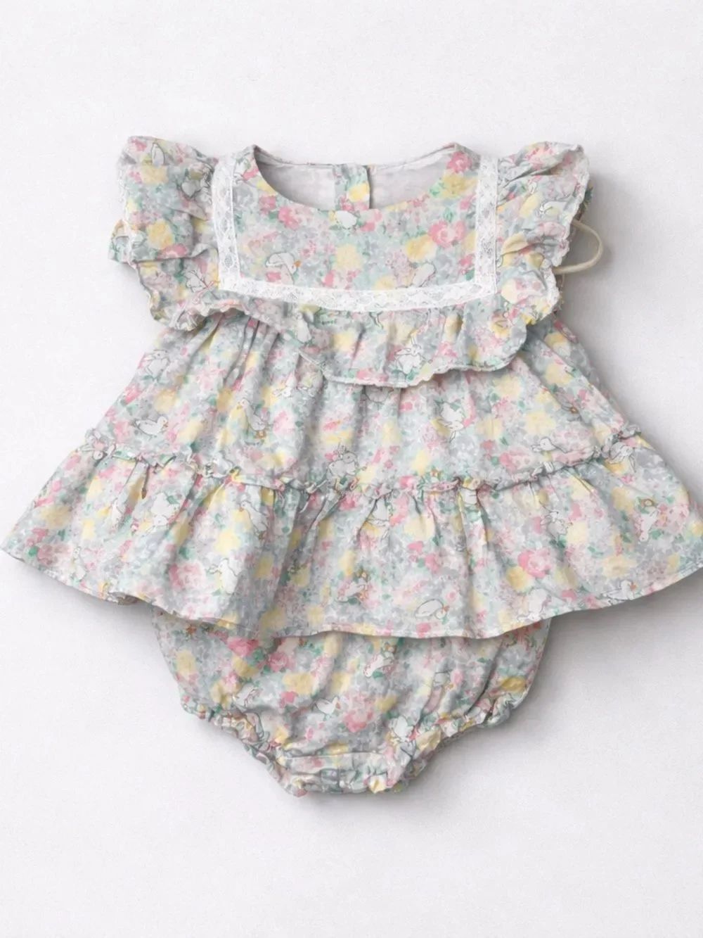 Janie and Jack Pastel Floral Ruffle Dress & Diaper Cover - Pink, Yellow, Blue